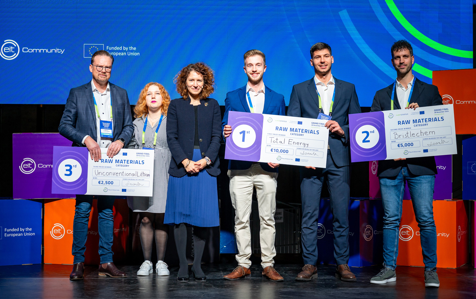 The three winners of the Jumpstarter Grand Final 2024 in Budapest receiving their prizes from MEP Eszter Lakos.