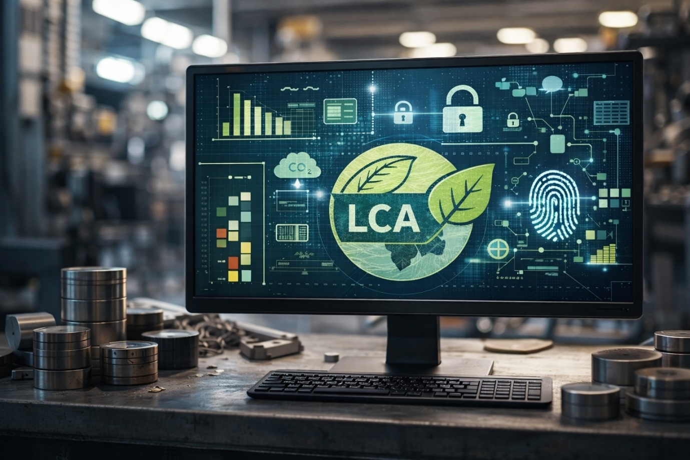 AI-generated illustration of a computer monitor in an industrial setting displaying a life-cycle assessment (LCA) dashboard with a green leaf logo