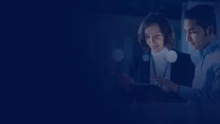 Young startup professionals on a blue canvas