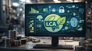 AI-generated illustration of a computer monitor in an industrial setting displaying a life-cycle assessment (LCA) dashboard with a green leaf logo
