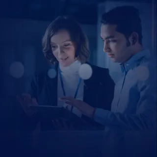 Young startup professionals on a blue canvas