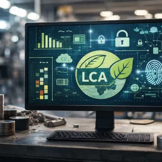 AI-generated illustration of a computer monitor in an industrial setting displaying a life-cycle assessment (LCA) dashboard with a green leaf logo