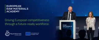 Header image for the European Raw Materials Academy - Driving European competitiveness through a future-ready workforce. With a gradient image of EIT RawMaterials CEO Bernd Schaefer and Manuela Geleng from DG EMPL.  