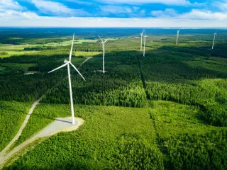 Aerial View Of Windmills In Green Summer Forest In Finland